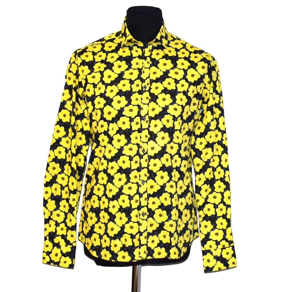 B2 NWT AGLINI Yellow Floral Print Cotton David Slim Spread Collar Shirt Size 40